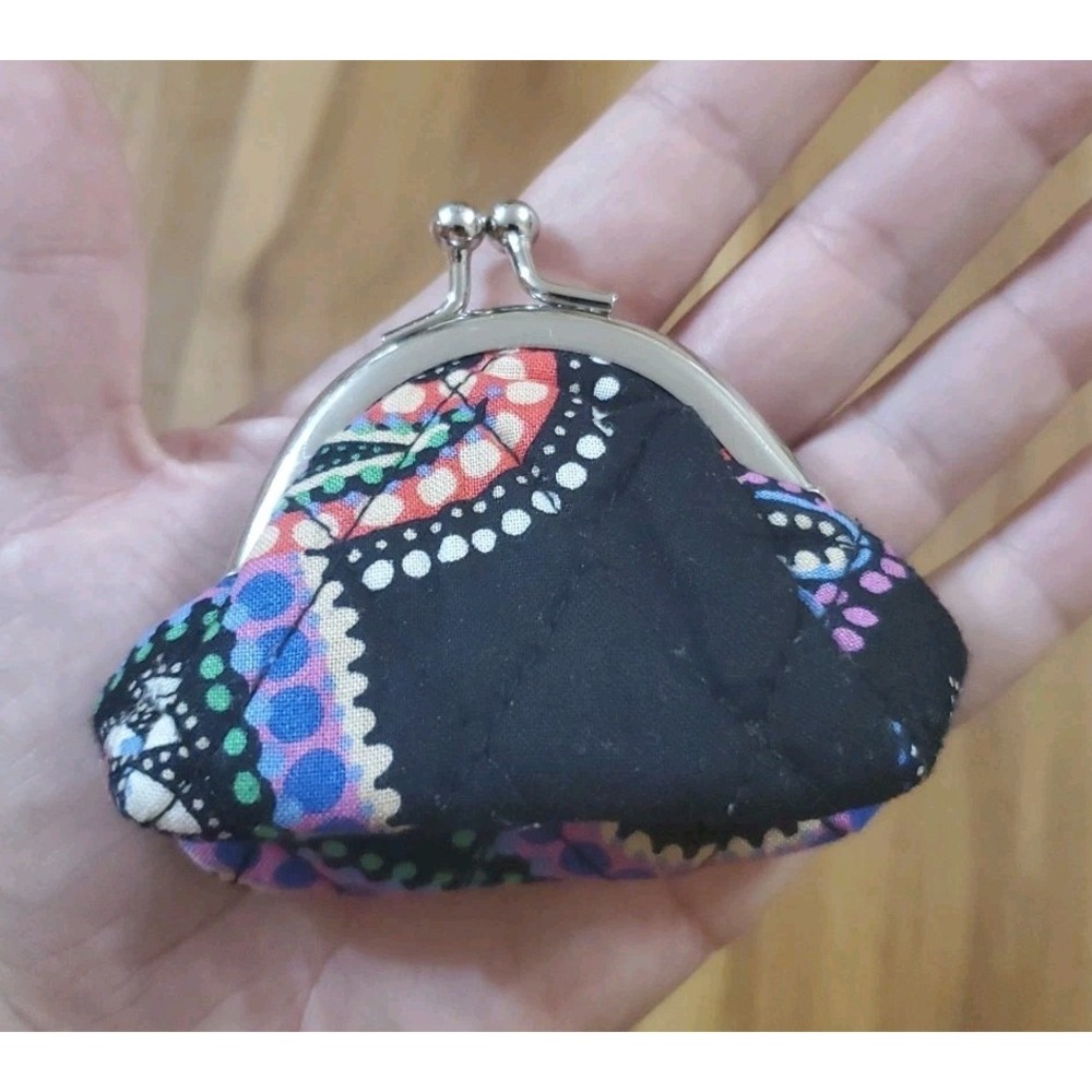 Vera Bradley MINI Kiss Lock Coin Purse Quilted Black Purple Swirl Dots